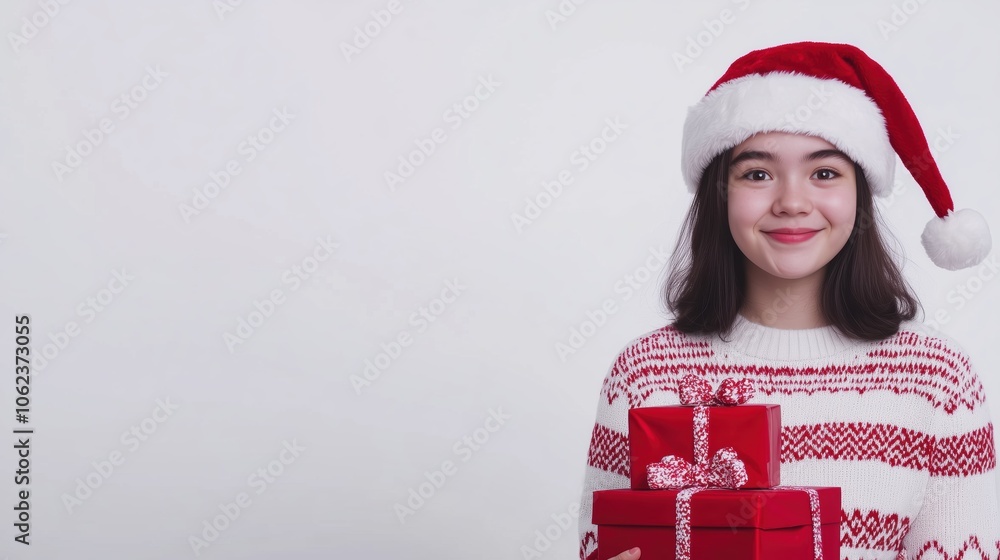 Teenager with joyful smile and a stack of Christmas gifts Teenager with joyful smile and a stack of Christmas gifts
