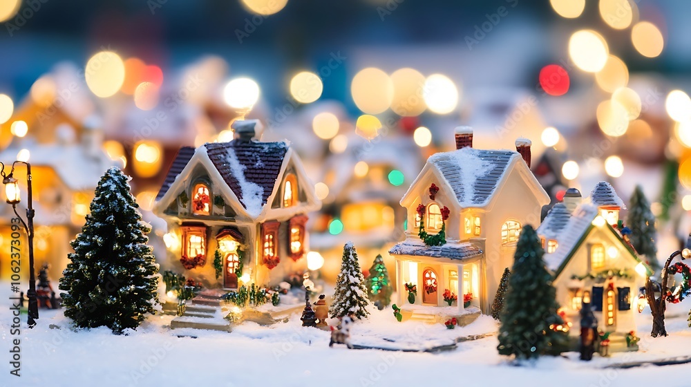 Snowy village with decorated houses and holiday lights Snowy village with decorated houses and holiday lights