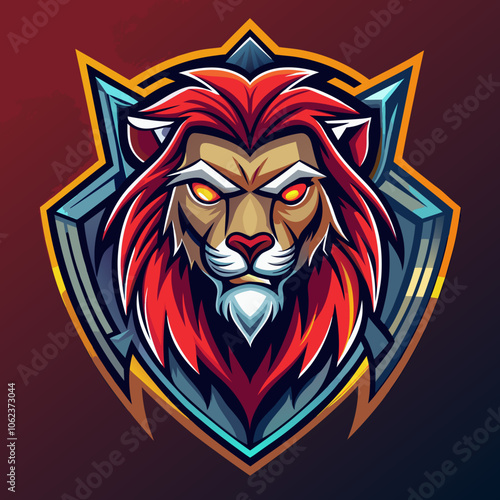 Dynamic lion esports logo featuring a fierce lion's head with vibrant colors and an intricate shield design, ideal for competitive gaming teams