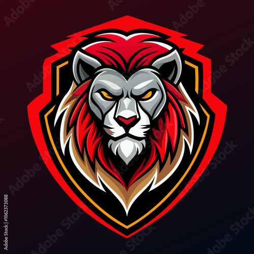 Stylized lion esports logo featuring a fierce lion head with vibrant red and gold highlights set against a dark background