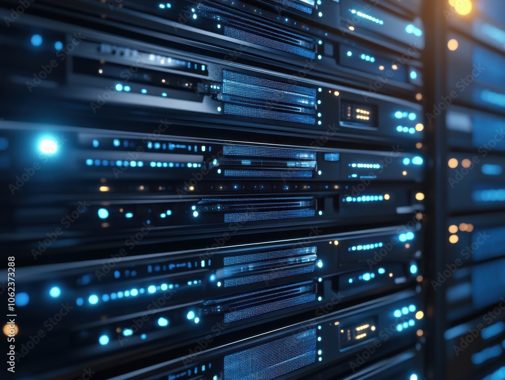 A close-up view of a modern server room with illuminated network switches and internet cables. The blue lighting creates a futuristic and tech-driven atmosphere. A close-up view of a modern server room with illuminated network switches and internet cables. The blue lighting creates a futuristic and tech-driven atmosphere.
