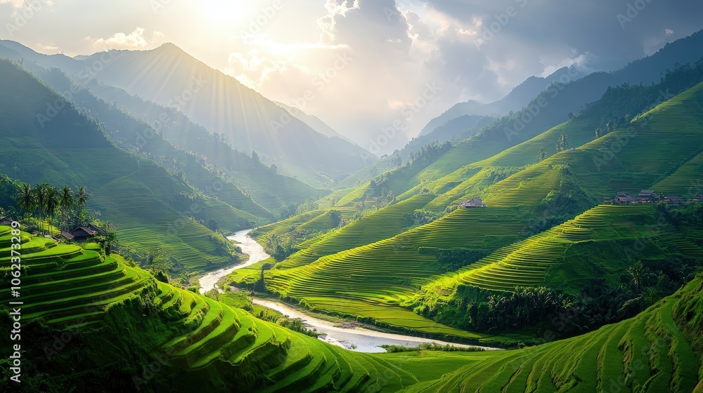 Aerial View of Lush Green Rice Terraces in Sunlit Valley with Flowing River and Misty Mountain Background in Southeast Asia Aerial View of Lush Green Rice Terraces in Sunlit Valley with Flowing River and Misty Mountain Background in Southeast Asia