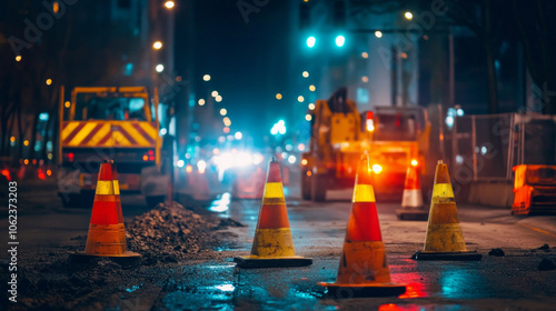 Bright construction lights illuminate roadwork area at night, featuring active machinery and safety cones for traffic management photo