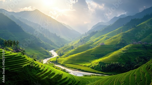 Aerial View of Lush Green Rice Terraces in Sunlit Valley with Flowing River and Misty Mountain Background in Southeast Asia