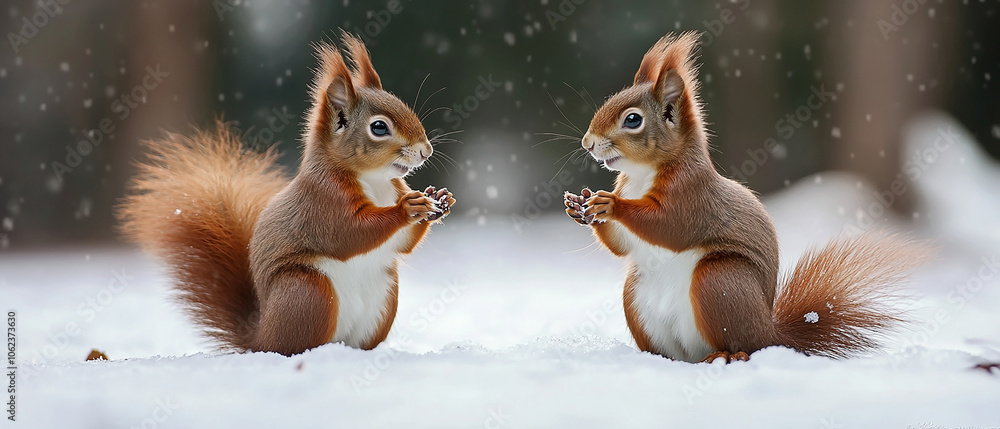 Two cute red squirrels, standing on snow, chatting with each other Two cute red squirrels, standing on snow, chatting with each other