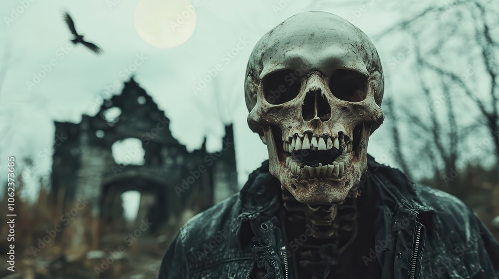 A haunting image of a skeleton in a dark setting, with a crow flying by, set against the backdrop of desolate ruins and an eerie full moon. A haunting image of a skeleton in a dark setting, with a crow flying by, set against the backdrop of desolate ruins and an eerie full moon.