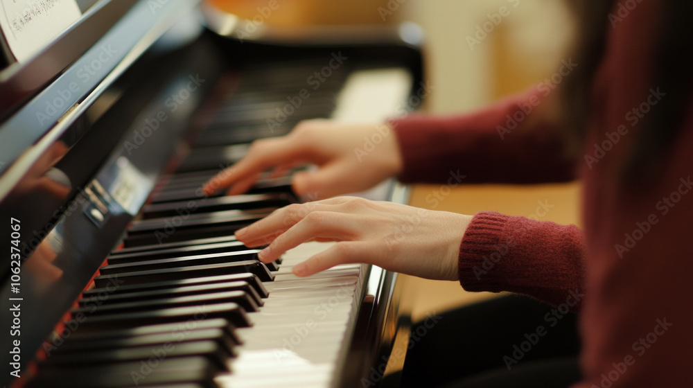 Fototapeta premium Teacher demonstrating a complex piano piece to students during a music lesson in a warm, well-lit classroom