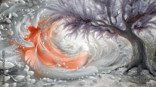 A dynamic 3D mural of a tree with lavender and mint leaves, with feathers featuring a gradient from coral to silver, covered in dewdrops, swirling into a time-bending vortex. photo