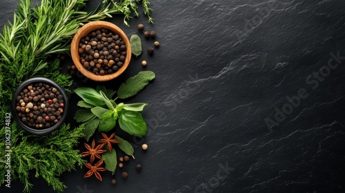 A selection of herbs and spices like rosemary, basil, and peppercorns arranged on a textured dark slate surface, capturing a rich culinary spirit.