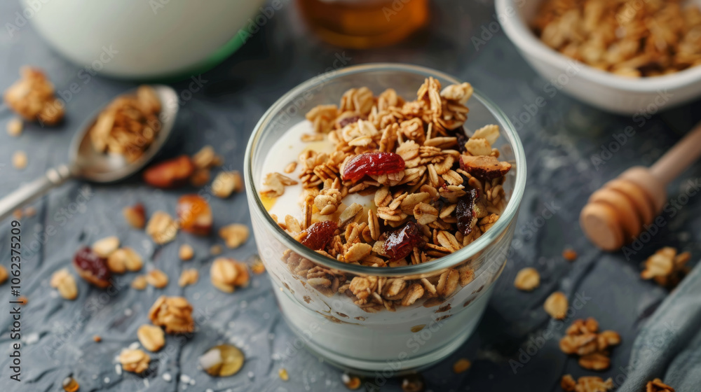 Delicious granola topped with yogurt and drizzled honey, served in a glass cup on a dark kitchen countertop Delicious granola topped with yogurt and drizzled honey, served in a glass cup on a dark kitchen countertop