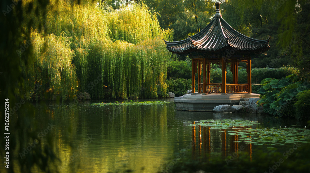 A serene gazebo surrounded by lush greenery and still waters in a tranquil garden during the golden hour of late afternoon A serene gazebo surrounded by lush greenery and still waters in a tranquil garden during the golden hour of late afternoon