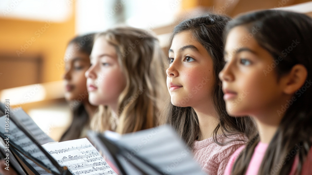 Children focused on sheet music during a choir practice in a bright, inviting space, honing their singing skills and teamwork Children focused on sheet music during a choir practice in a bright, inviting space, honing their singing skills and teamwork