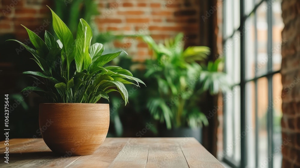 A close-up view of a potted plant with vibrant green leaves, set against an industrial-style exposed brick wall, highlighting the beauty of nature and simplicity. A close-up view of a potted plant with vibrant green leaves, set against an industrial-style exposed brick wall, highlighting the beauty of nature and simplicity.