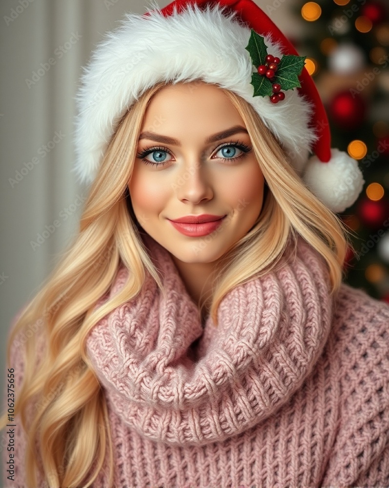 Portrait Of A Beautiful Blond Woman Wearing A Christmas Hat Portrait Of A Beautiful Blond Woman Wearing A Christmas Hat