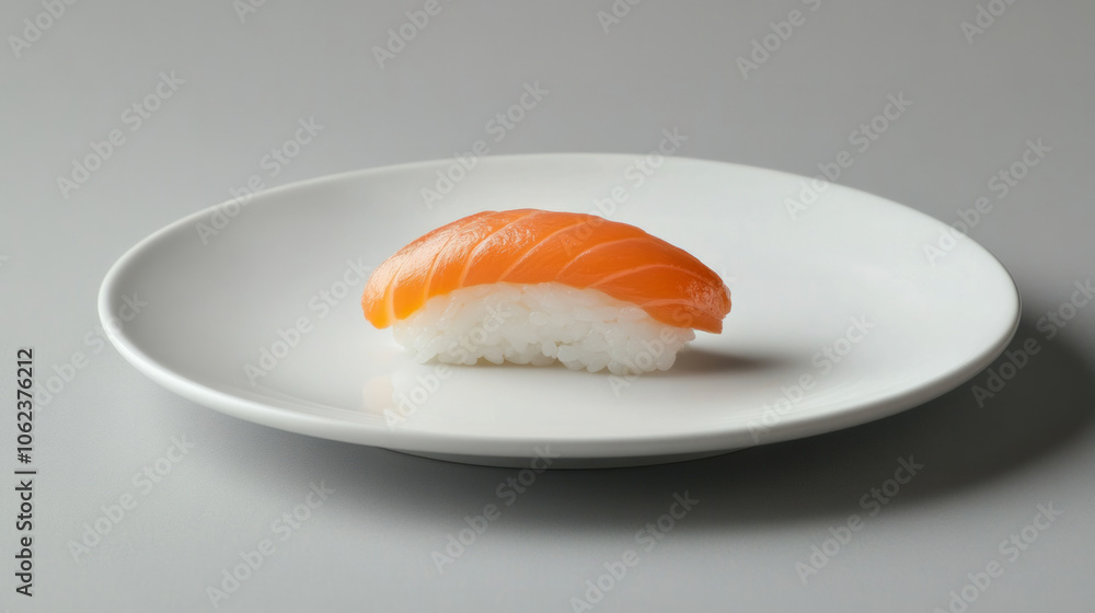 A single piece of fresh salmon sushi served on a minimalist white plate against a neutral background A single piece of fresh salmon sushi served on a minimalist white plate against a neutral background