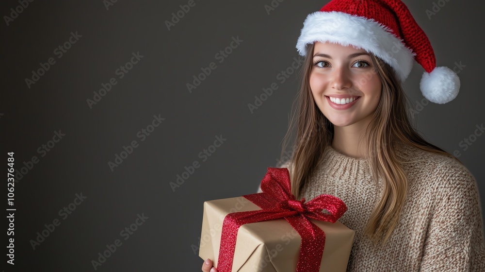 Woman in Santa hat smiling with Christmas gift, festive cheer Woman in Santa hat smiling with Christmas gift, festive cheer