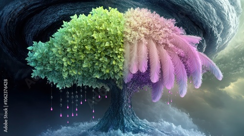 A dynamic 3D mural of a tree with lime green and purple leaves, with feathers featuring a gradient from pink to cyan, covered in dewdrops, floating before a time-bending vortex. photo