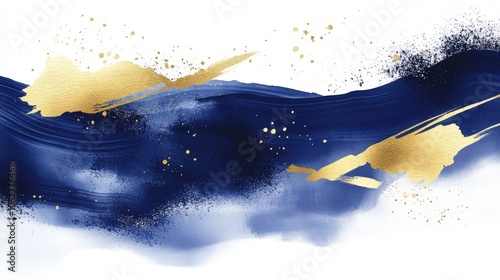 Artistic Ink Brush Strokes in Deep Blue and Gold with Flowing Abstract Wave Pattern on Dark Background