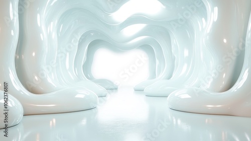 An abstract image depicting a glossy cavern-like space featuring flowing white forms and surreal soft lighting, creating a dreamy and tranquil atmosphere.