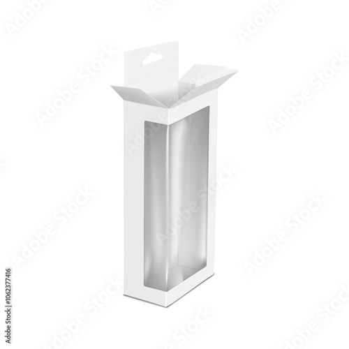 Open white blank vertical rectangle paper box with clear plastic window, header tab and euro hole. 3d mockup. Transparent front hanging paperboard container with tuck-in flap. Realistic vector mock-up