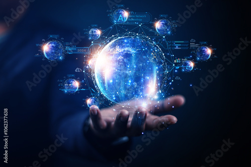 Businessman presenting futuristic business world metaverse graphic. In the form of innovation in digital business processing technology