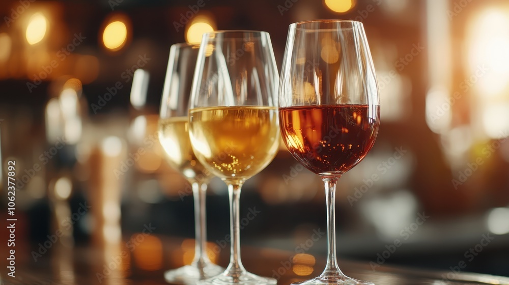 Several wine glasses with different wines stand on a bar counter, symbolizing diversity and the enjoyment of varied tastes amidst soft ambient lighting. Several wine glasses with different wines stand on a bar counter, symbolizing diversity and the enjoyment of varied tastes amidst soft ambient lighting.