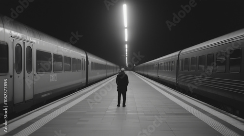 The rhythmic sound of distant trains echoes as a person waits patiently in the dimly lit area.