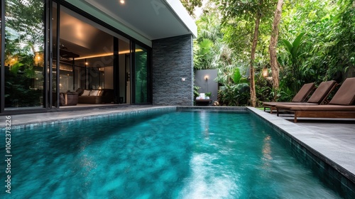 A stunning contemporary villa pool area that seamlessly merges indoor and outdoor spaces, surrounded by lush greenery, offers relaxation and modern luxury.