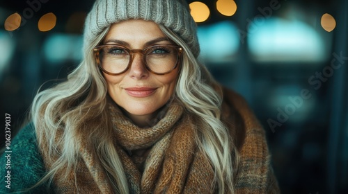 A woman with long blonde hair in cozy winter attire, including a knitted hat and scarf, smiling warmly with glasses, in a softly lit indoor setting.