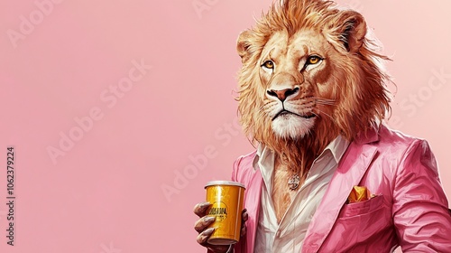 A lion in a pink suit and holding a yellow cup against a pink background. photo