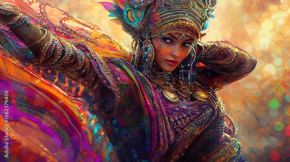 Obraz premium Vibrant Traditional Character in Richly Patterned Dress: Perfect for Adding Depth and Culture to Your Sports Interior Poster Collection