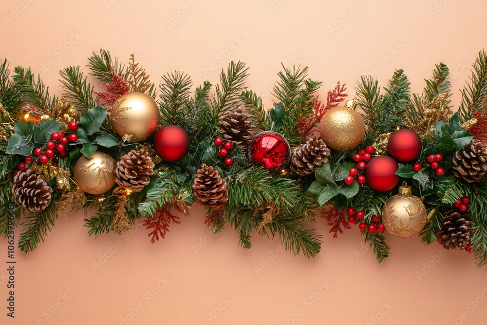 Christmas garland with red and gold baubles, berries, and pinecones on a peach background Christmas garland with red and gold baubles, berries, and pinecones on a peach background
