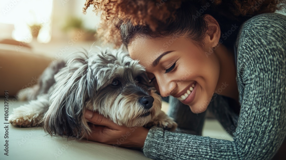 A woman lovingly leans close to her dog as they both rest comfortably on the floor, exuding warmth, contentment, and a strong bond in a relaxed space. A woman lovingly leans close to her dog as they both rest comfortably on the floor, exuding warmth, contentment, and a strong bond in a relaxed space.