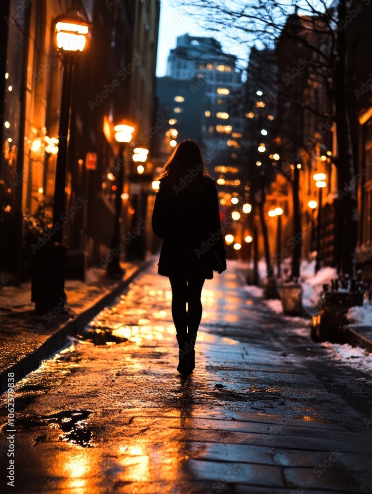 Silhouette of a woman walking down a lit cobblestone street at dusk. Silhouette of a woman walking down a lit cobblestone street at dusk.