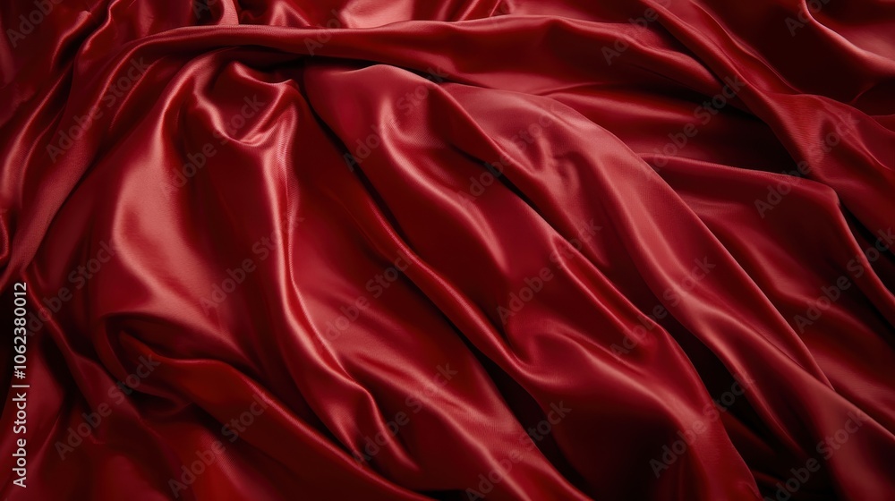 Luxurious red silk fabric with intricate folds, creating highlights and shadows that exude elegance and richness, showcasing its fine texture and opulence. Luxurious red silk fabric with intricate folds, creating highlights and shadows that exude elegance and richness, showcasing its fine texture and opulence.