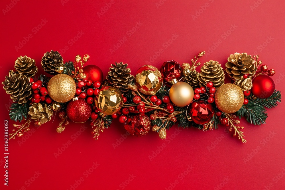 Christmas garland with red and gold baubles, berries, and pinecones on a red background Christmas garland with red and gold baubles, berries, and pinecones on a red background