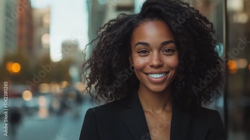 A confident woman with striking curly hair smiles brightly in a bustling city scene, exuding joy and sophistication while dressed in a black outfit.