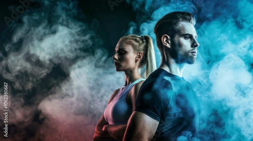 Sport collage. Man and woman on smoke background. Sports banner. photo