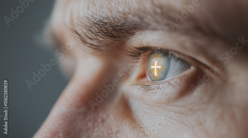 A close examination shows a Christian cross glowing in the man's eye, symbolizing faith.