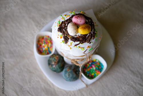 Delicious Easter kulich on a light background, showcasing homemade baking with a touch of warmth and coziness. Perfect for celebrating traditions and festive gatherings.