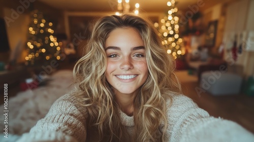 A happy young woman with wavy hair takes a selfie in a Christmas-decorated living room  with lights sparkling beautifully in the background  exuding warmth and joy.