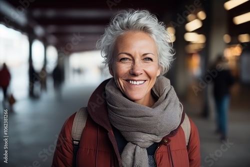 Portrait of a happy senior woman in winter clothes smiling at the camera