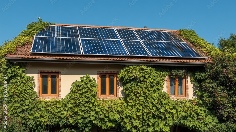 Fototapeta premium Modern Home with Solar Panels on Rooftop