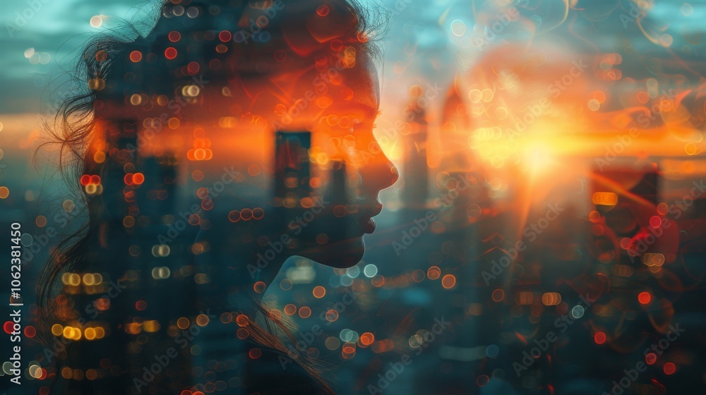 Portrait of thoughtful young woman on city background with sunlight. Double exposure Portrait of thoughtful young woman on city background with sunlight. Double exposure