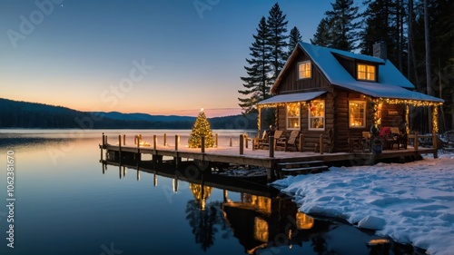 Christmas Cabin by the Lake at Sunset.
