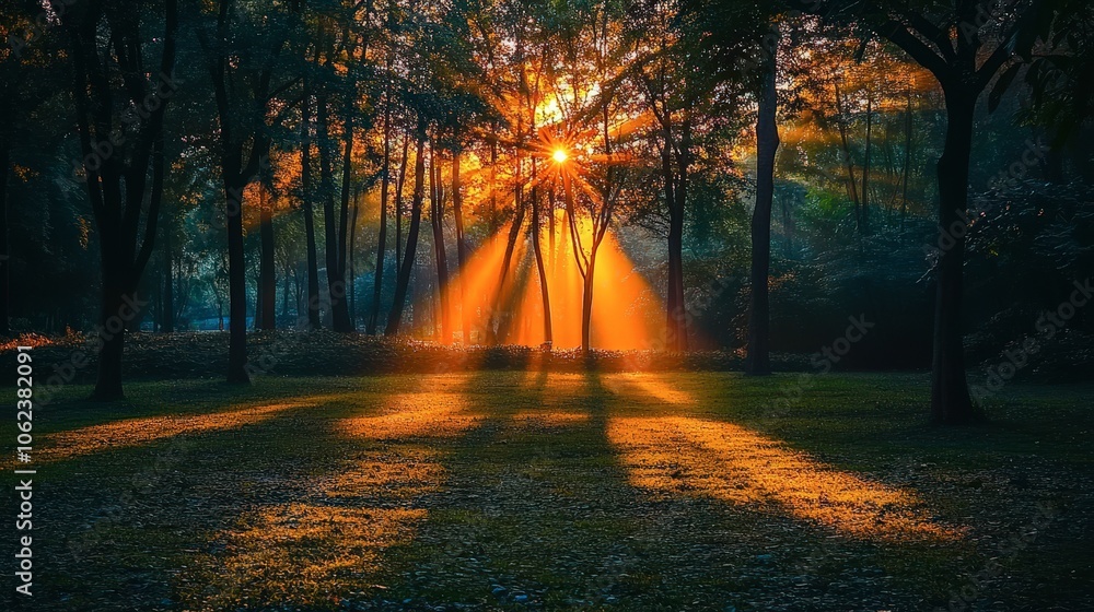 Obraz premium Glowing Morning Sunlight Through Trees