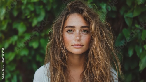 A serene portrait of a woman with wavy hair framed by lush green leaves, her peaceful expression reflecting a harmonious connection with nature.