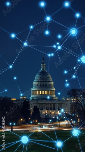 The United States Capitol building glows at dusk, overlaid with digital connections symbolizing global technological networks
