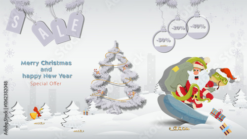 Special offer Christmas and New Years Sale Snake and Santa Claus on a snowboard next to a fir tree in a winter snow forest