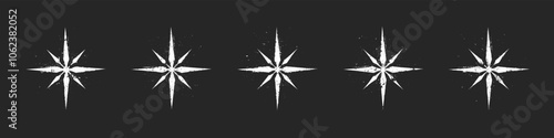 Grunge Style Textured 8 Pointed Stars Isolated Vector Set Abstract Background. Abstract White Grungy Mysterious Esoteric Star Clipart Design Elements Bundle. Mystical Magical Symbols Art Illustration